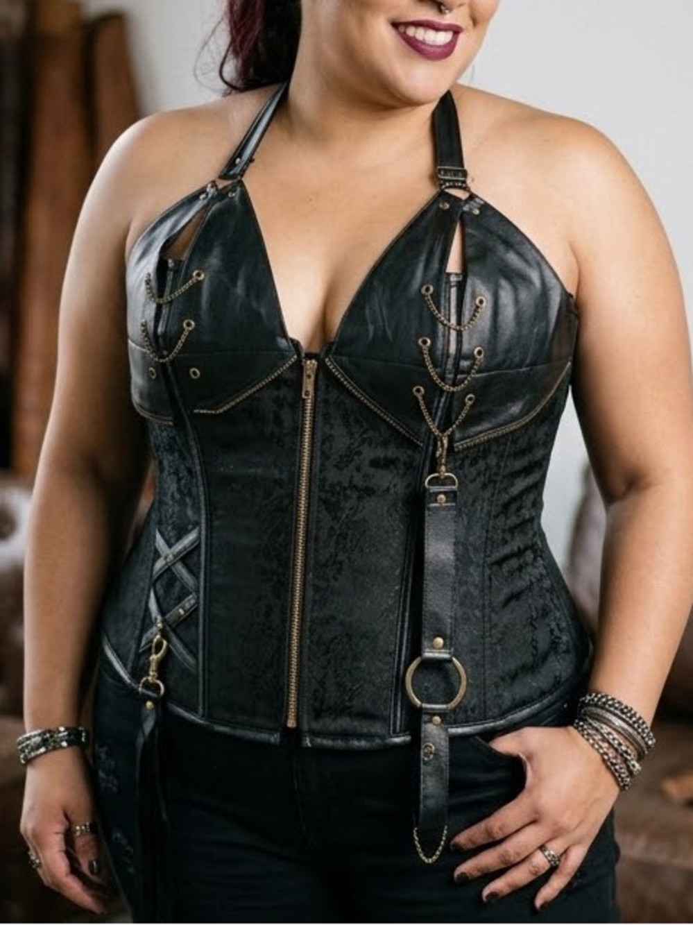 Black Steampunk Corset Top 5XL Jacquard Halter Faux Leather Cyberpunk Goth